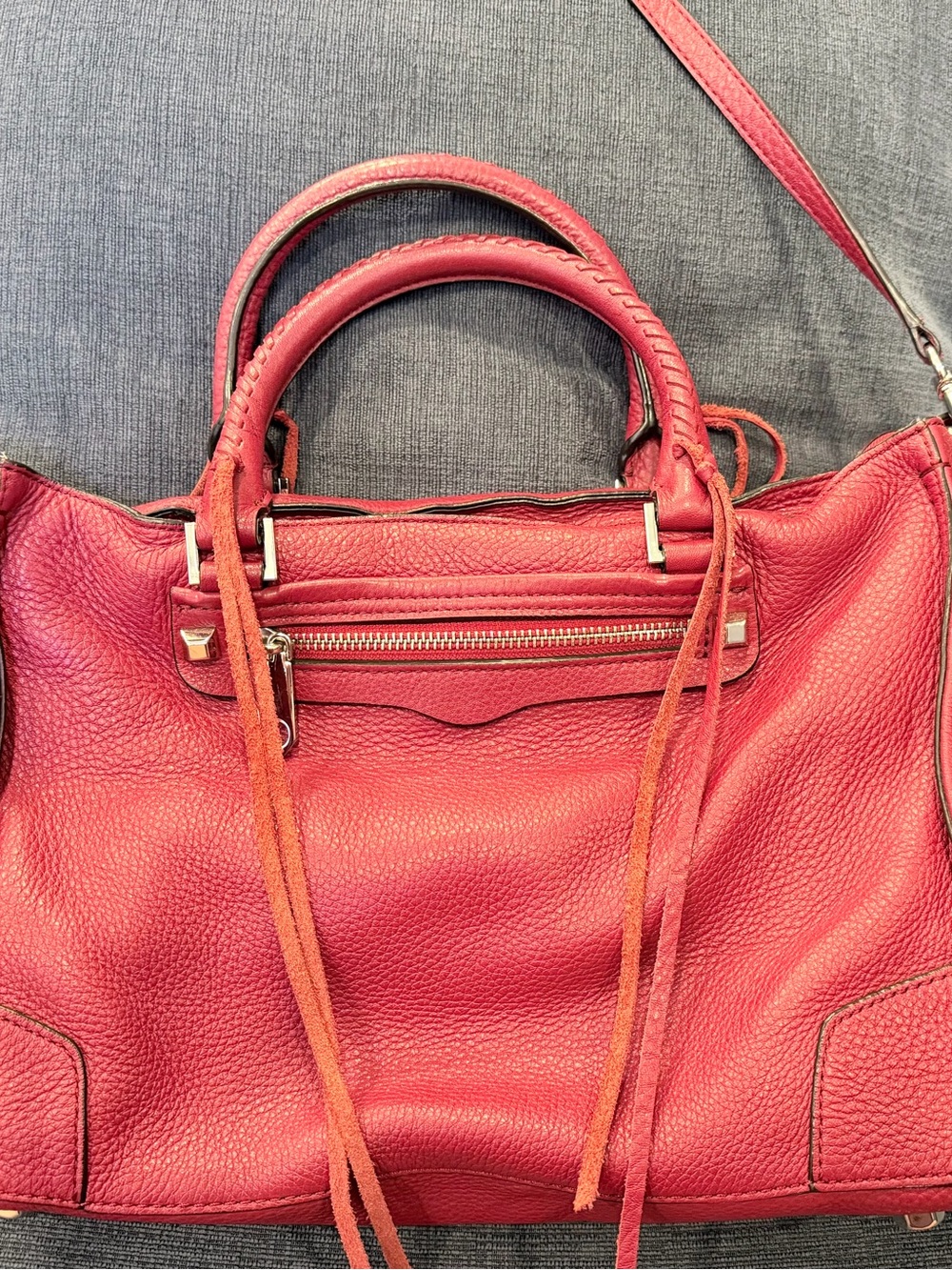 Rebecca Minkoff Red Pebbled Leather Satchel with Top Handles and Crossbody Strap